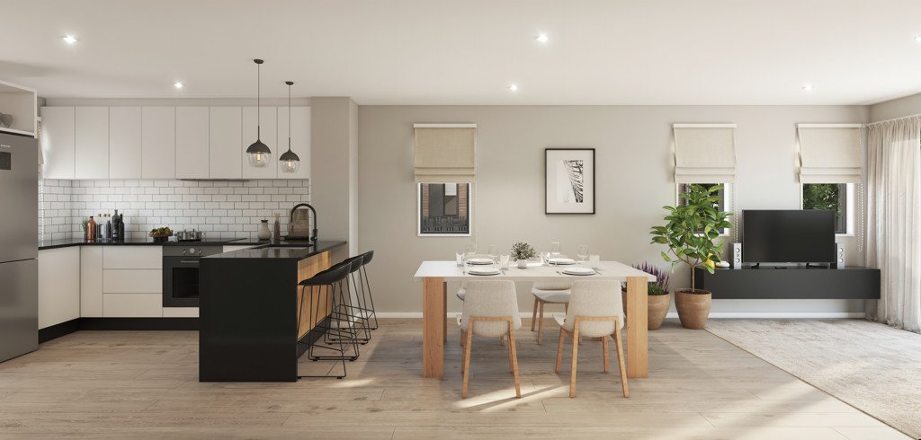 Open-plan living and dining area inside a Walmsley Terraces townhouse